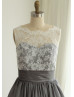 Ivory Lace Gray Taffeta V Back Short Vintage Bridesmaid Dress